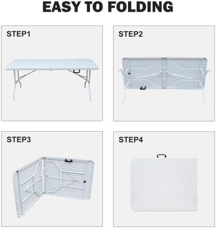 Garvee 6 Foot Plastic Folding Table Portable Long Table for Indoor Outdoor Use Rectangular with Carrying Handle for Party Events, White