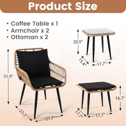5-Piece Wicker Patio Conversation Set - 2 Chairs, 2 Ottomans & Side Table - Stylish Outdoor Furniture for Porch, Balcony, Deck & Backyard - Durable Natural Finish