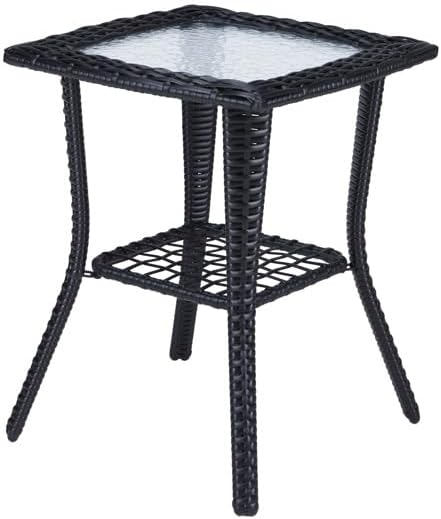 Outdoor Wicker Side Table, Rattan End with Glass Top, Patio Coffee Bistro for Indoor Garden Porch Balcony (Black)