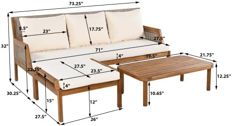 Christopher Knight Home Pony 3 Piece Acacia Wood Patio Conversation Sofa with Coffee Table and Ottoman, Outdoor 3-Seater Sofa Set for Backyard, Outdoor Patio Furniture Set, Teak+Cream+Brown