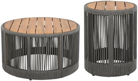 IRONORA 2 Piece Nesting Patio Table Set, Solid Acacia Wood Top Grey Hand-Woven Rope Round Coffee & Side Table, Weather Resistant Hollow Drum Accent Tables for Backyard Balcony Coastal Boho Decor