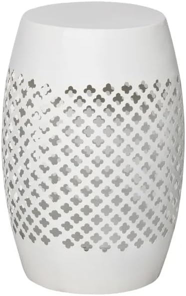 12.5" Steel Outdoor Side Table, Hollow Drum Metal Patio End Table & Ambient Lantern, Decorative Geometric Accent Table for Garden, Balcony and Poolside, No Assembly, White