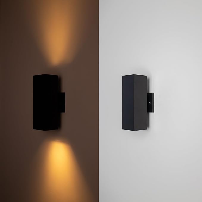 mirrea 12" Modern Outdoor Porch Light in 2 Lights, Matte Black, 1 Pack | Patio wall sconce, aluminum rectangular tube, tempered glass, waterproof. Up & down lighting for outdoor wall mount fixture.