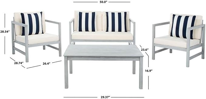 SAFAVIEH Outdoor Collection Montez Grey / Beige Cushions/ Striped Pillows 4-Piece Conversation Patio Set