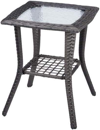 Outdoor Wicker Side Table, Rattan End with Glass Top, Patio Coffee Bistro for Indoor Garden Porch Balcony (Grey)