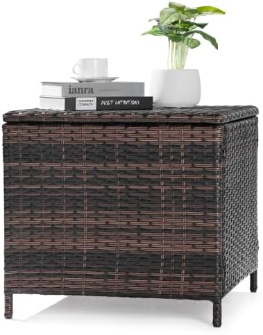 Outdoor Table with Storage, 27 Gallon Wicker Outdoor Storage Box Patio Side Tables for Outside Porch Poolside Deck Garden, Brown