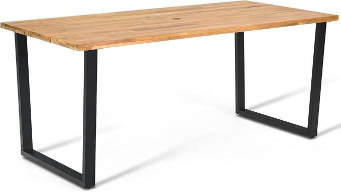 Tangkula 69-Inch Acacia Wood Patio Dining Table for 6, Rectangle Outdoor Table with 2" Umbrella Hole & Metal Legs, 6-Person Indoor Outdoor Table for Dining Room, Backyard, Garden, Lawn, Yard