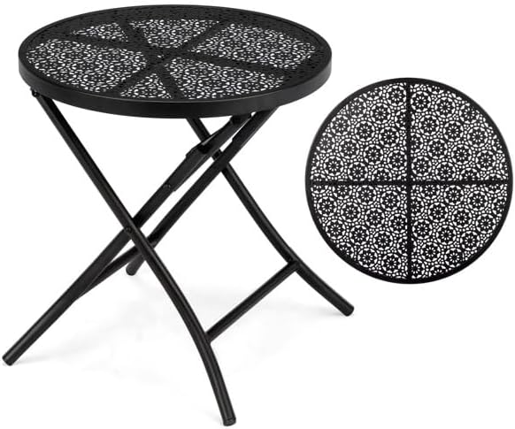 18 Inch Outdoor Round Folding Table, Black Metal Patio Side Table with Hollow Floral Design, Small Weather Resistant Steel Garden Bistro Table for Balcony, Porch, Yard