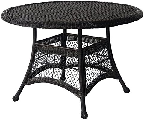Pemberly Row 44" Round Wicker Patio Dining Table, Black Finish, All-Weather Resin Wicker, Durable Steel Frame, Outdoor Table for Deck, Patio, or Poolside