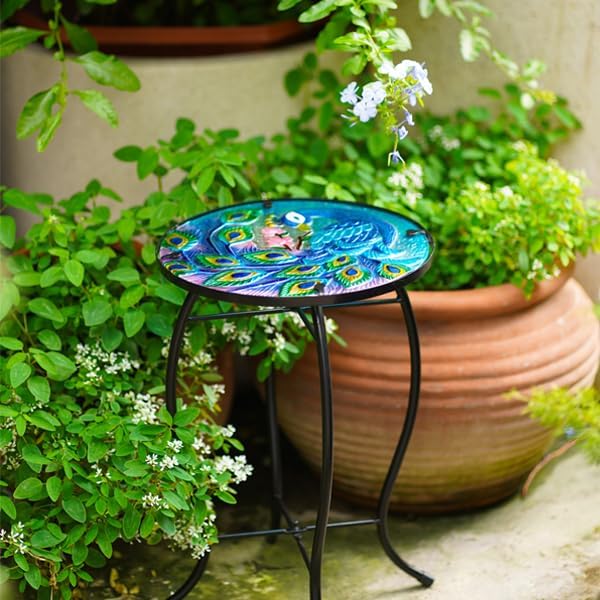 10 Inch Round Peacocks Glass Side Table, Patio Small Table, Outdoor Side Table, Outdoor Bar Table, Metal Glass End Table for Porch Garden Patio Pool Living Room