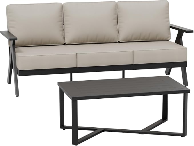 COOS BAY Iron Luxe 2 Piece Outdoor Patio Furniture Set, Modern Patio Conversation Set with a 3 Seat Couch & Coffee Table for Deck, Garden, Porch, Black/Beige