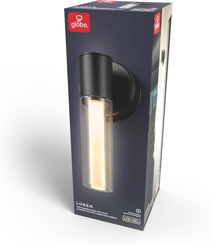 Globe Electric 60000127 16-Watt LED Integrated Outdoor Wall Sconce, Matte Black, Clear Outer Glass Shade, Frosted Inner Tube, Up/Down Light Direction, 700 Lumens, 3000 Kelvin, 90 CRI, Dimmable