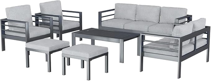 AECOJOY Aluminum Patio Furniture Set, 9 Seats Modern Outdoor Furniture with Coffee Table, 7 Pieces Metal Conversation Sectional Sofa, Light Gray