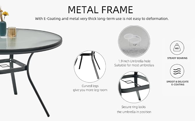 5 Piece Outdoor Patio Dining Set with 40" Round Glass Table, Black Chairs | 4 Piece Stackable Chairs Textilene Seat and Back, Table and Chair with Metal Frame, Round Glass Table Top, 1.7" Umbrella Hole