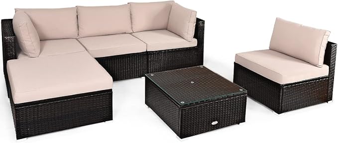RELAX4LIFE 6-Piece Patio Sofa Set - Outdoor Sectional Sofa Set Wicker Conversation Set w/Table & Removable Cushions, Modular Sofa Set Patio Furniture for Backyard, Poolside, Balcony (Beige)