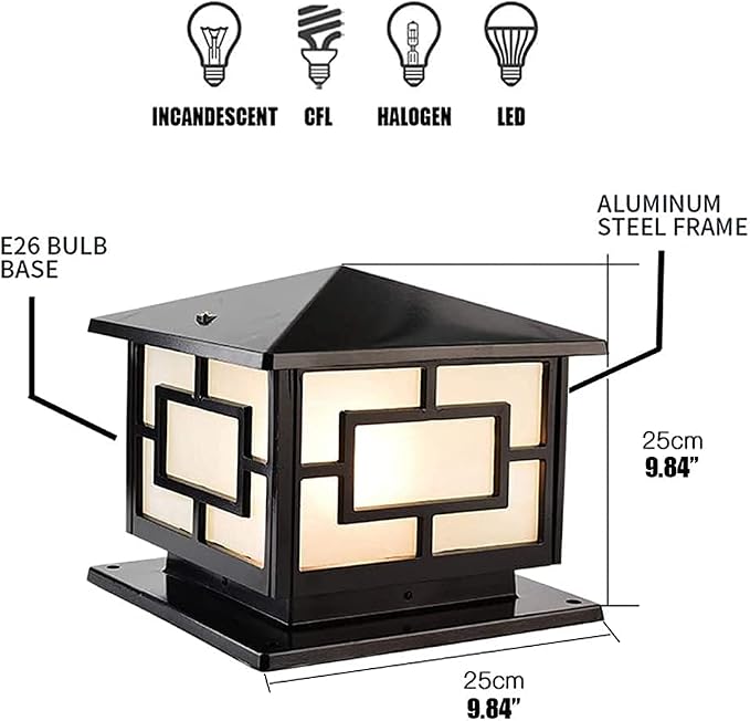 Pillar Lights Outdoor, IP65 Waterproof Column Lights Outdoor Rustproof Aluminum Glass Pillar Light Fixtures Fence Column Post Light Traditional Landscape Lighting E26