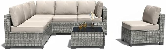 7 Piece Patio Furniture Set, Outdoor Modular Wicker Sectional Couch with Tempered Glass Coffee Table, All-Weather Rattan Conversation Set with Washable Cushions for Backyard, Garden, Deck