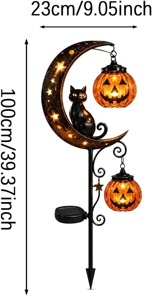 Solar Halloween Black Cat & Pumpkin Moon Garden Stake Light, Outdoor Waterproof LED Yard Decoration with Crescent Moon, Hanging Jack-o'-Lantern Lantern for Garden, Patio, Walkway, Porch (Style B C)