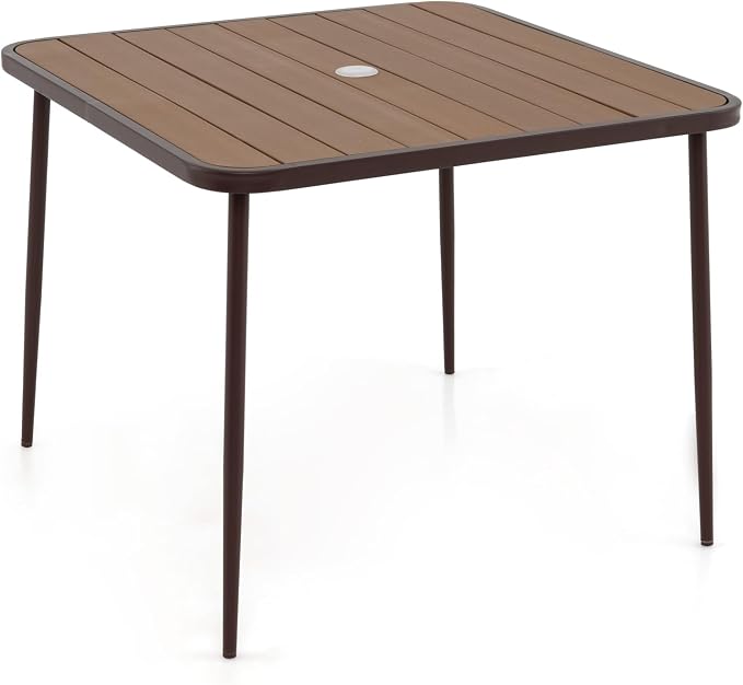 Tangkula 35-Inch Square Patio Dining Table, 4-Person Outdoor Dining Table with 2" Umbrella Hole, Wood-Plastic Tabletop & Metal Legs, Outside Table Bistro Table for Deck, Backyard, Garden, Poolside
