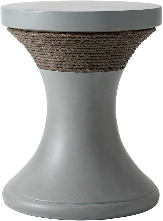 COSIEST Outdoor Side Table, Hourglass Shaped Concrete Accent Side Table w Hemp Rope Decor, 17.7''Patio End Table, Vintage Patio Stand for Garden, Grey