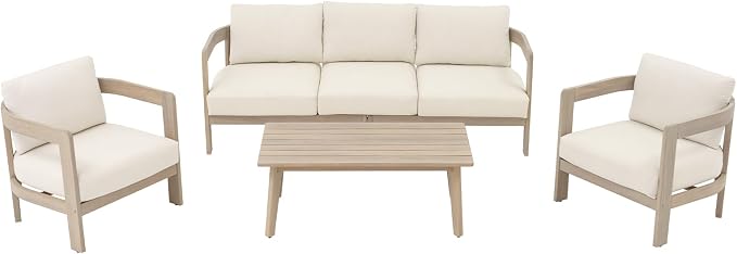 SUNSITT 4-Piece Outdoor Patio Furniture Set, Acacia Wood Conversation Set w/ 6.7" Thick Cushions, Curved Backrest Design, Modern Outdoor Set w/ 3-Seater Couch, Natural Color and Beige Cushions