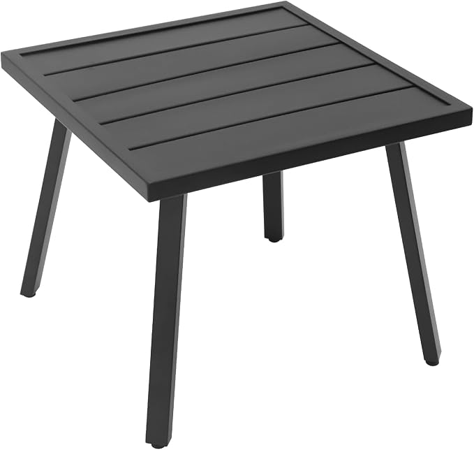 Patio Side Table, Square Outdoor End Table with Wood Grain Tabletop for Patio, Balcony and Garden, Black