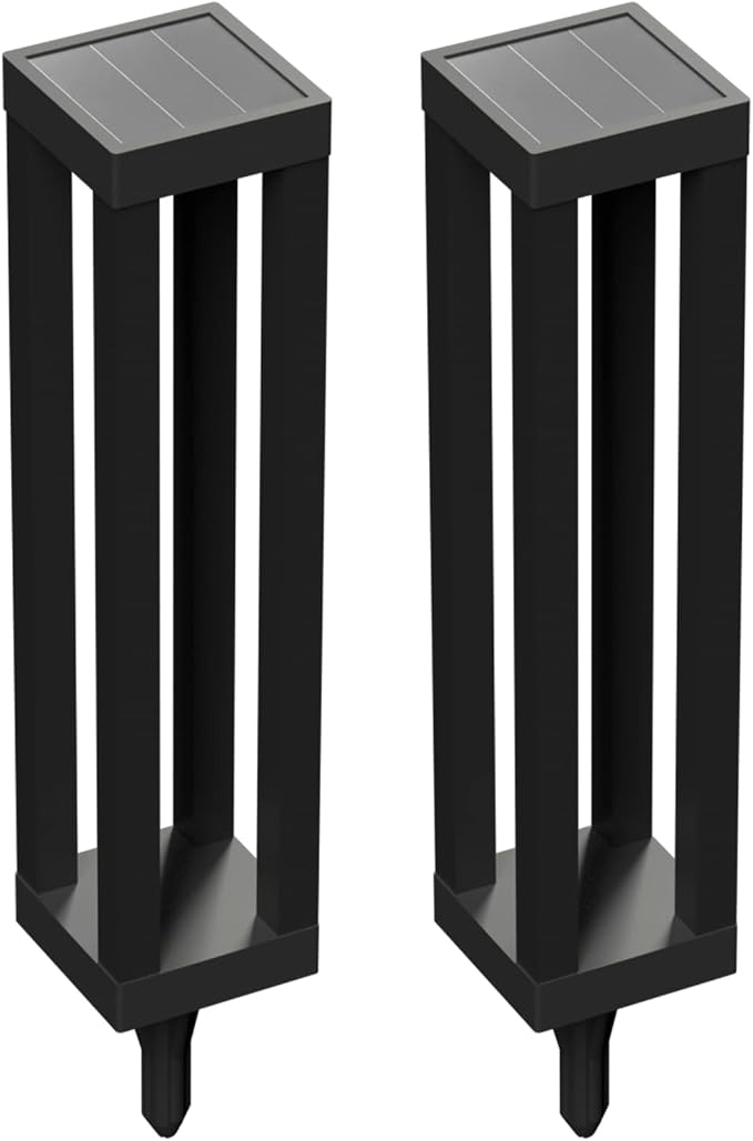 Outdoor Solar Floor Lamps, Modern Tall Lanterns for Patio, 2-Pack | 18.9-in black stainless steel lanterns with dusk-to-dawn solar power, IP65 waterproof and decorative downward lighting