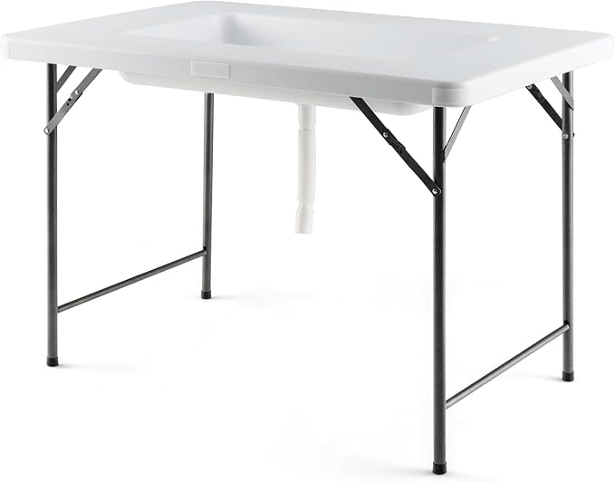 KOTEK Folding Ice Cooler Table with Drain and Skirt, Foldable Beverage Cooler Table Buffet Salad Cooler Server with Edge, Portable Chill Table for Party, Wedding, Picnic, Camping
