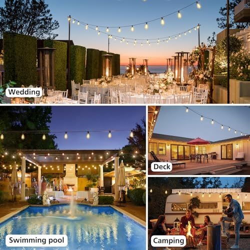 Brightever 3 Color in 1 LED Outdoor String Lights with Remote, 100FT Edison Hanging String Lights for Outside Dimmable, Outdoor Lighting for Patio Café Bistro with 52 ST38 LED Bulbs, 2700K/4000K/5000K