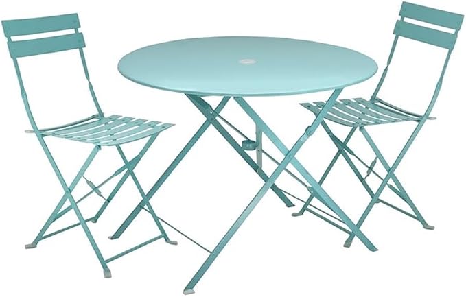 Pemberly Row 36" Round Folding Metal Bistro Table, Teal Finish, Built-in 2" Umbrella Hole, Powder Coated Durable Outdoor Patio Table, Compact Space-Saving Design for Backyard or Garden Use