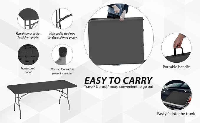 Folding Table 6FT Portable Plastic Camping Table Foldable Table Light Weight Plastic Dining Table Indoor Outdoor for Camping, Picnic BBQ Kitchen Wedding and Party,(Black) 71''L x 29 ''Wx 29''H
