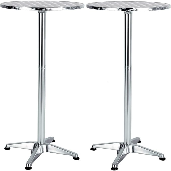 BTEXPERT Set of 2, Aluminum Indoor Outdoor 23.75" Round Restaurant Bar Height 44" Table fix top, Patio Stainless Steel Silver Furniture 25.75" Base