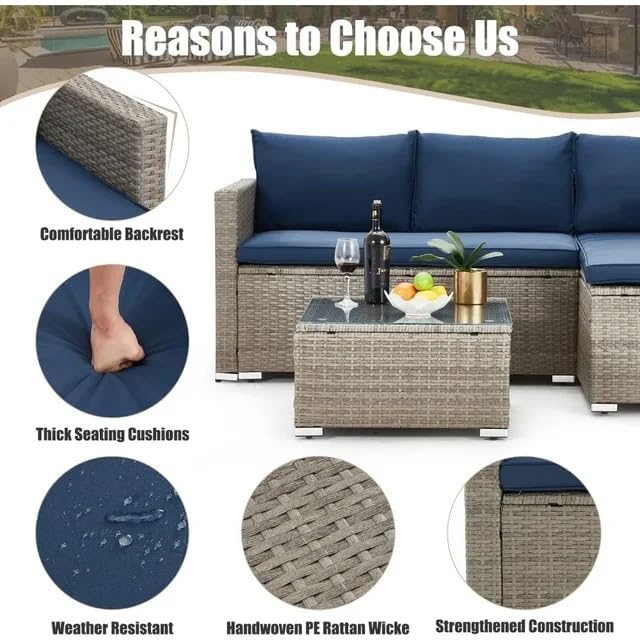 3-Piece Outdoor Sofas Patio Set All-Weather Wicker Sectional Sofa with Tempered Glass Table Conversation Group for Backyard
