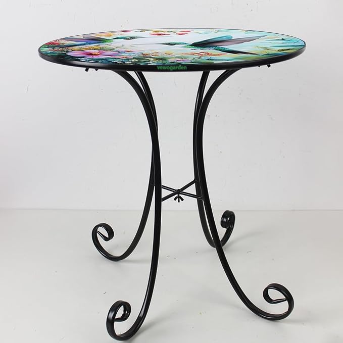 VEWOGARDEN Outdoor Side Table, 18" Weather Resistant Metal End Table with Hummingbird and Flower Design for Patio Porch Garden Balcony Yard