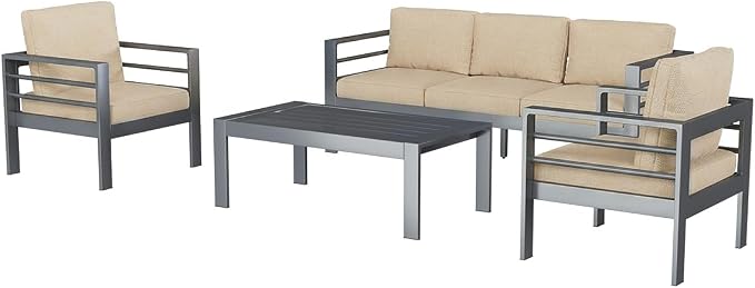 AECOJOY Aluminum Patio Furniture Set, 5 Seats Modern Outdoor Furniture with Coffee Table, 4 Pieces Metal Conversation Sectional Sofa, Beige