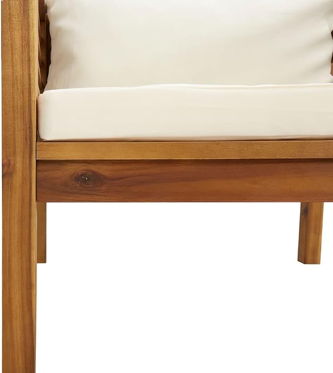 Patio Armchair with Cream White Cushions, Solid Acacia Wood Chair, Wooden Patio Chair Outside Chair Outdoor Dining Chair Patio Club Chair with Armrest for Porch, Deck, Backyard,-433
