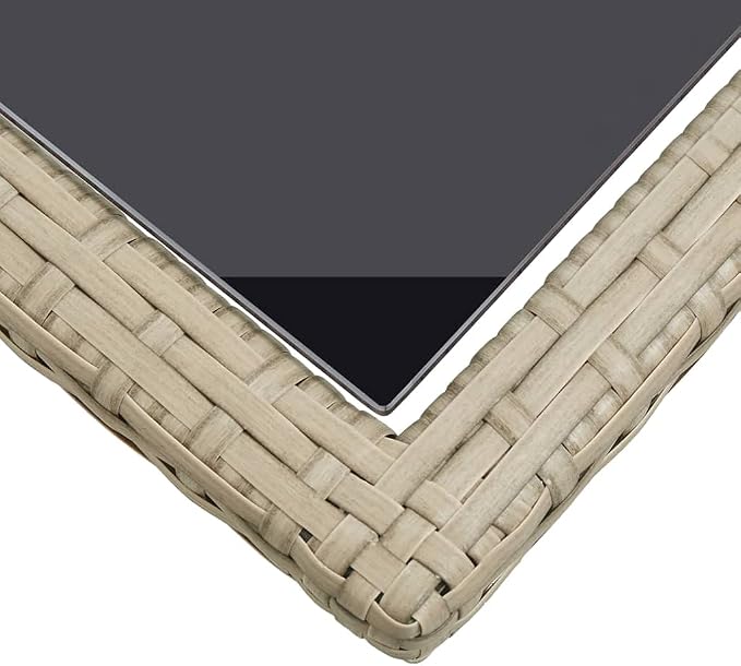Poly Rattan Patio Table with Glass Top, Outdoor Side Table for Garden Bistro Balcony, Weather Resistant Beige Bistro Table 43.3 x 20.9 x 28.3 inches