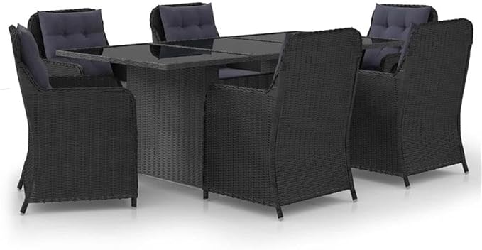 BOWERY HILL Outdoor Patio Dining Set, Black PE Rattan, 7-Piece, Includes Rectangular Table, 6 Chairs with Removable Cushion Covers, Powder-Coated Steel Frame, Seats 6, Modern Style for Garden or