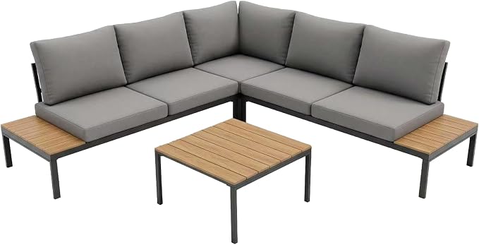 KEIKI 4-Piece L-Shaped Outdoor Patio Furniture Set, Rattan Patio Conversation Set with Coffee Table & 1 Corner Sofa & 2 Double Sofa, Wicker Curved Sectional Sofa Set, for Backyard, Light Gray