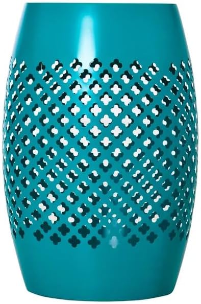 Teal Steel Outdoor Side Table, 12.5" Round Hollow Drum Patio End Table with Geometric Lattice Design, Decorative Metal Accent Table for Garden, Balcony, Living Room, No Assembly