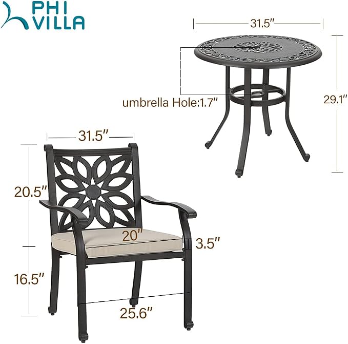 PHI VILLA 3-Piece Patio Bistro Set, 32" Round Cast Aluminum Table, Bronze | Cushions Chairs, Fixed Chairs, Umbrella Hole, All-Weather Use, Armrests