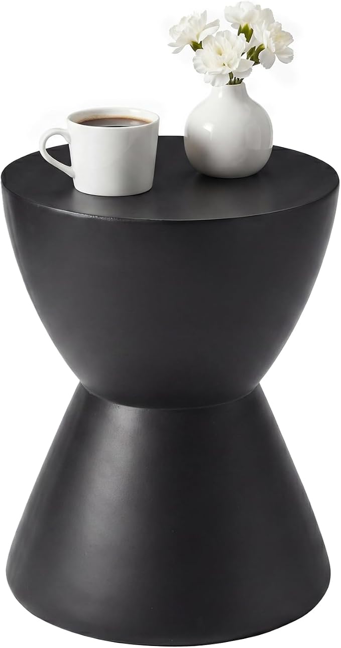 HOMPUS Outdoor Side Table Hourglass Shaped, Concrete End Table, Round Drum Patio MgO Coffee Lightweight Table, Modern Garden Planter Stand for Indoor Outdoor Use, Black