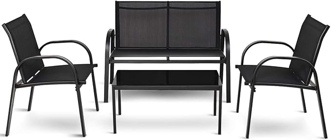 Tangkula 4 Pieces Patio Furniture Set, Metal Frame Heavy Duty Outdoor Conversation Set, Includes Glass Top Coffee Table, 2 Armrest Chairs and Loveseat, Suitable for Lawn Garden Porch Balcony Backyard