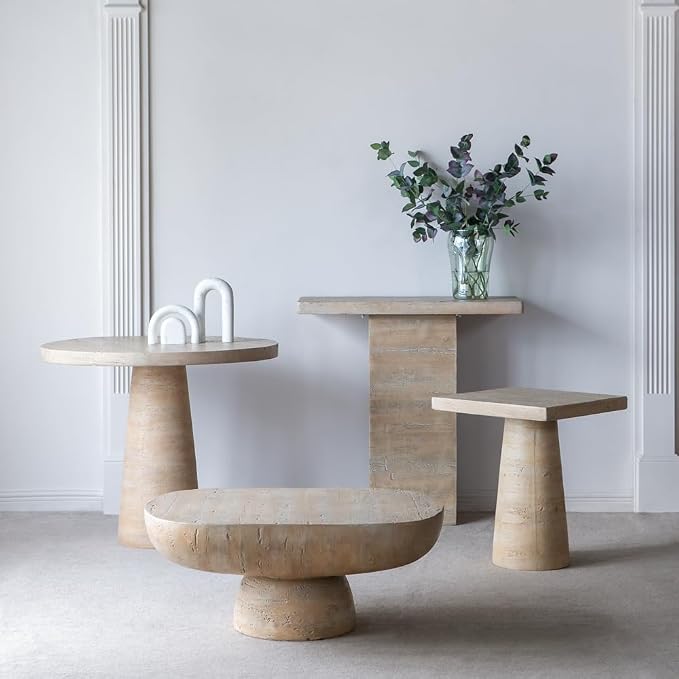 Faux Stone Side Table Square End Table, Patio Small Drink Table for Small Spaces, Rustic Pedestal End Tables Farmhouse Nightstand for Living Room Bedroom Corners Office (Cream)