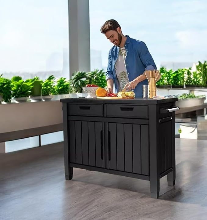 Outdoor Grill Table, Buffet, Entertainment and Storage Cabinet and Drawers, Graphite Gray