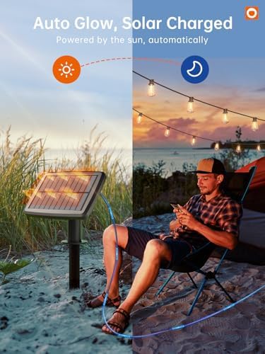 addlon 35FT Solar String Lights Outdoor, IP54 Waterproof Solar Powered with Remote & USB Port, 10+1 LED Shatterproof Bulbs, Dimmable Solar Light Outdoor for Camping Backyard Bistro Porch (Pack of 2)