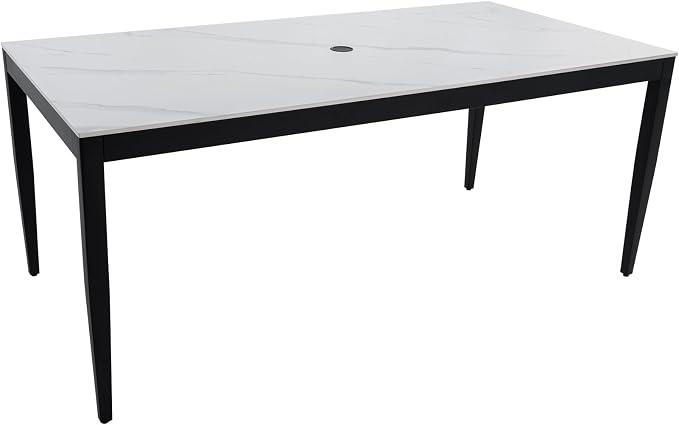 Outdoor Aluminum Marble Dining Table for 6-8, 71” Luxury Patio Table with White Sintered Stone Top, Post Tapered Legs for Garden, Lawn, Weatherproof & Rust-Free
