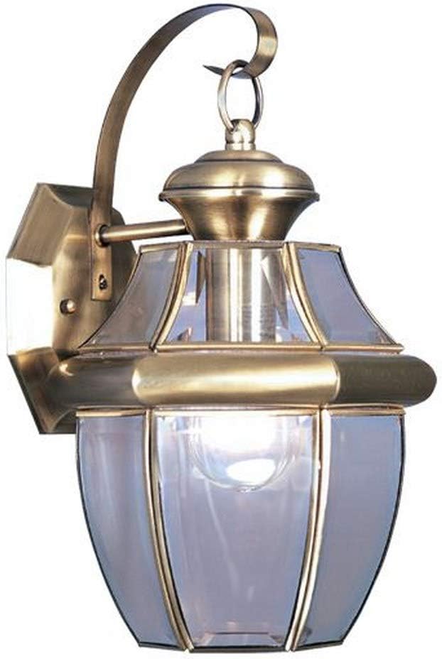 Livex Lighting 2151-01 Monterey 1 Light Outdoor Antique Brass Finish Solid Brass Wall Lantern with Clear Beveled Glass | Clear Beveled Glass; Solid brass construction