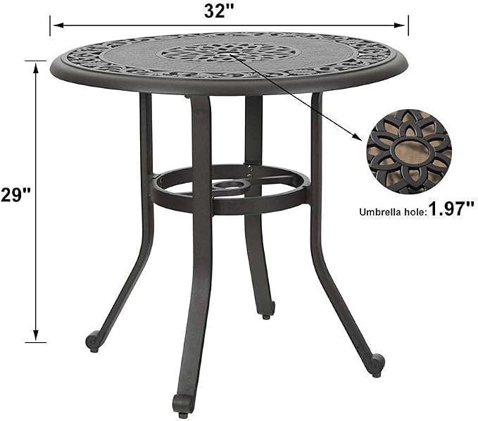 MFSTUDIO Cast Aluminum Patio Bistro Table, Small Patio Table with Umbrella Hole, Outdoor Round High Top Table, 32'' End Side Table for Lawn, Garden, Brown