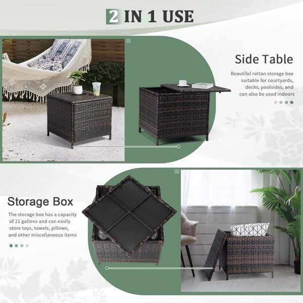 Outdoor PE Wicker Side Table with Storage, Patio Rattan End Table Square Container for Furniture Covers (Brown)